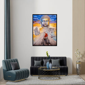 Preview of 'Devotion Of Buddha 11 (Seeking Wisdom)' Painting by Arjun Das shown on a wall in a furnished room.