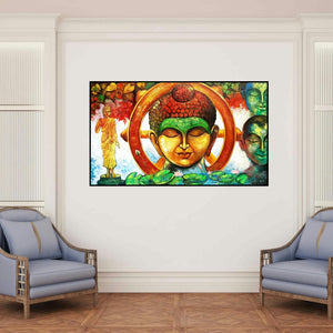 'Devotion Of Buddha 4 (Buddha and the Dharmachakra)' painting by Arjun Das shown on a wall in a furnished room.