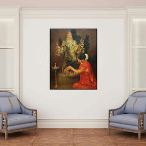 'Devotion (Ganesha Devotee's Offering)' painting by Kamal Rao shown on a wall in a furnished room.