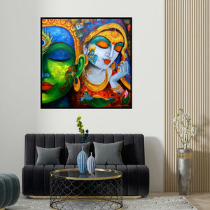 Arjun Das's 'Devotion Of Krishna 10 (Radha Krishna)' painting visualized above a sofa in a contemporary room.