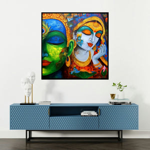 'Devotion Of Krishna 10 (Radha Krishna)' painting by Arjun Das shown on a wall in a furnished room.