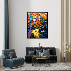 Preview of 'Devotion Of Krishna 17' Painting by Arjun Das shown on a wall in a furnished room.
