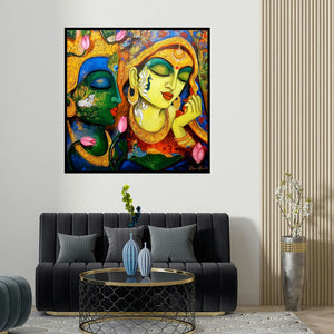Arjun Das's 'Devotion Of Krishna 18 (Eternal Embrace)' painting visualized above a sofa in a contemporary room.
