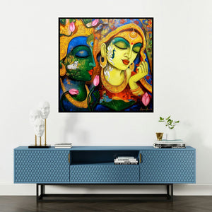 'Devotion Of Krishna 18 (Eternal Embrace)' painting by Arjun Das shown on a wall in a furnished room.