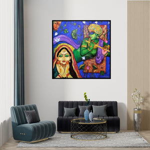 Preview of 'Devotion Of Krishna 20 (Divine Melody)' Painting by Arjun Das shown on a wall in a furnished room.