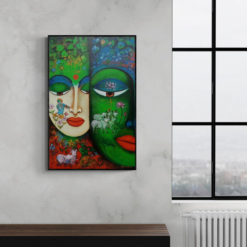 In-situ view of Arjun Das's 'Devotion Of Krishna 4 (Radha Krishna)' painting in a room