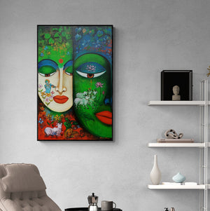 Preview of 'Devotion Of Krishna 4 (Radha Krishna)' Painting by Arjun Das shown on a wall in a furnished room.