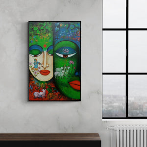 Arjun Das's painting 'Devotion Of Krishna 4 (Radha Krishna)' displayed in a modern living room setting