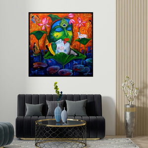 Arjun Das's 'Devotion Of Krishna 7 (Eternal Embrace)' painting visualized above a sofa in a contemporary room.