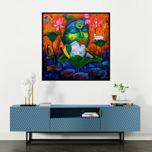 'Devotion Of Krishna 7 (Eternal Embrace)' painting by Arjun Das shown on a wall in a furnished room.