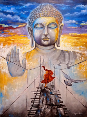 Religious acrylic painting titled 'Devotion Of Buddha 11', 48x36 inches, by artist Arjun Das on Canvas