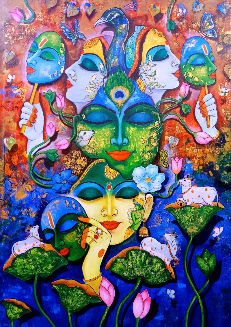 Religious acrylic painting titled 'Devotion Of Krishna 16', 72x48 inches, by artist Arjun Das on Canvas