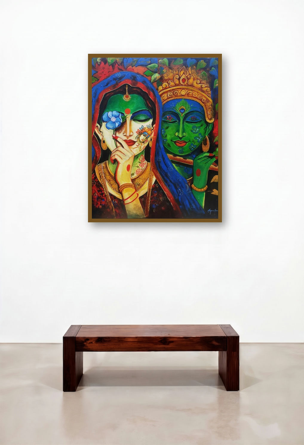 Devotion Of Krishna 2 (Radha Krishna) by artist Arjun Das displayed in a Mid-Century Modern Living Room