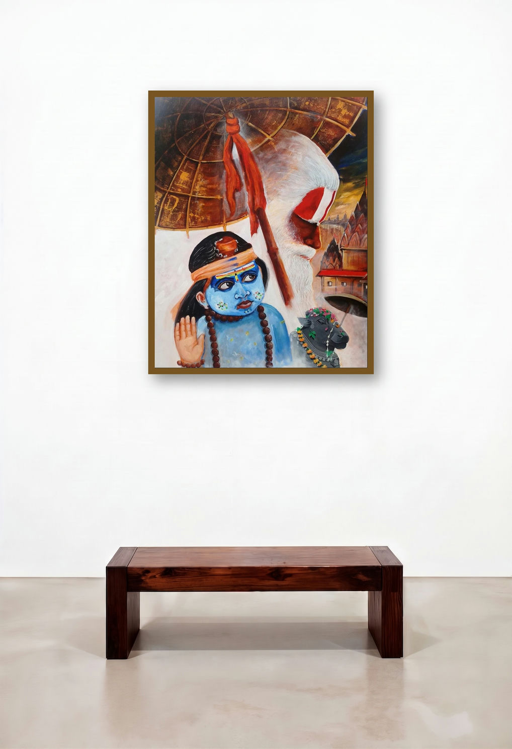 Devotion Of Varanasi (Varanasi Pilgrimage) by artist Arjun Das displayed in a Mid-Century Modern Living Room