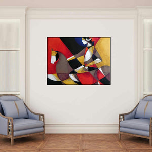 'Devotional Ride (Abstract Horse and Rider)' painting by Satyendra Rane shown on a wall in a furnished room.