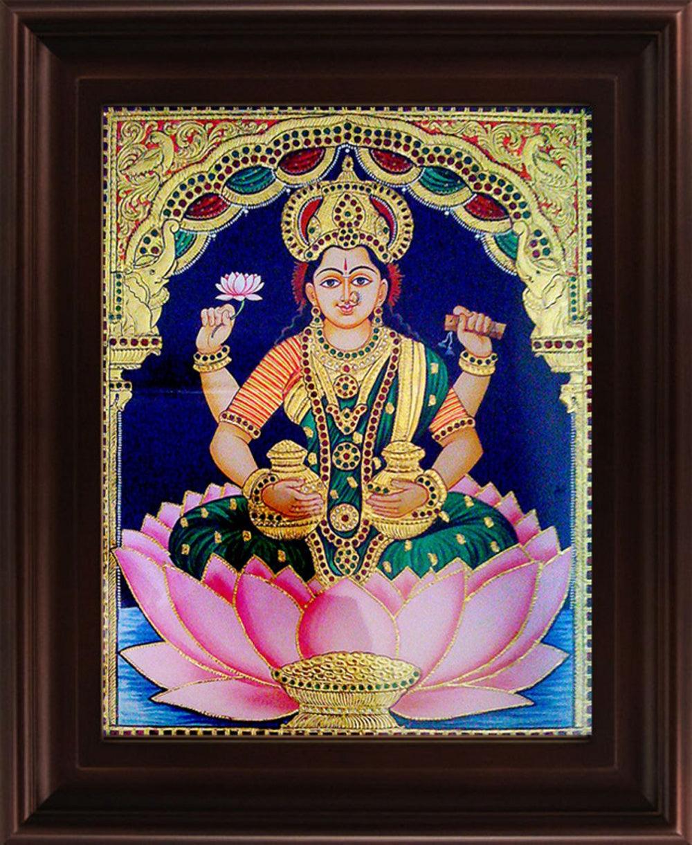 Religious tanjore traditional art titled 'Dhana Lakshmi Tanjore Painting 2', 24x18 inches, by artist Myangadi Tanjore on Plywood
