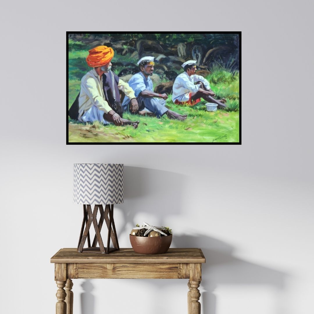 In-situ view of Swapnil Patil's 'Dhangar (Dhangar Woman)' painting in a room