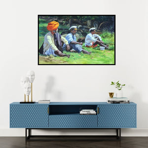 Preview of 'Dhangar (Dhangar Woman)' Painting by Swapnil Patil shown on a wall in a furnished room.