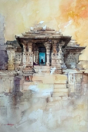 Religious watercolor painting titled 'Dharasur Temple', 21x14 inches, by artist Milind Bhanji on Paper