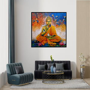 Preview of 'Dhyan Mudra' Painting by Arjun Das shown on a wall in a furnished room.