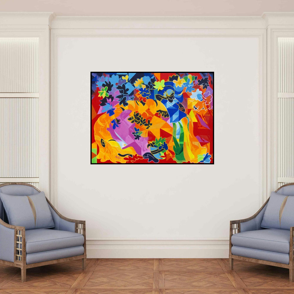 'Dialogue With Her 7 (The Dance of Creation)' painting by Muralidharan Alagar shown on a wall in a furnished room.