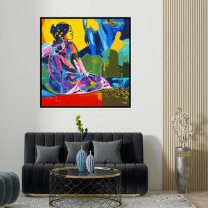 Muralidharan Alagar's 'Dialogue With Her 8 (River's Reverie)' painting visualized above a sofa in a contemporary room.