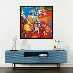 'Dialogue With Her 10 (The Fishmonger's Tale)' painting by Muralidharan Alagar shown on a wall in a furnished room.