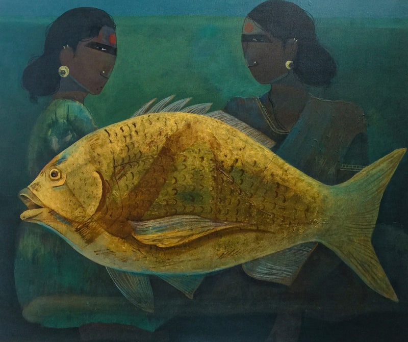 'Dinner' figurative mixed-media painting by artist Anuj Jagtap, 30x36 inch, on canvas