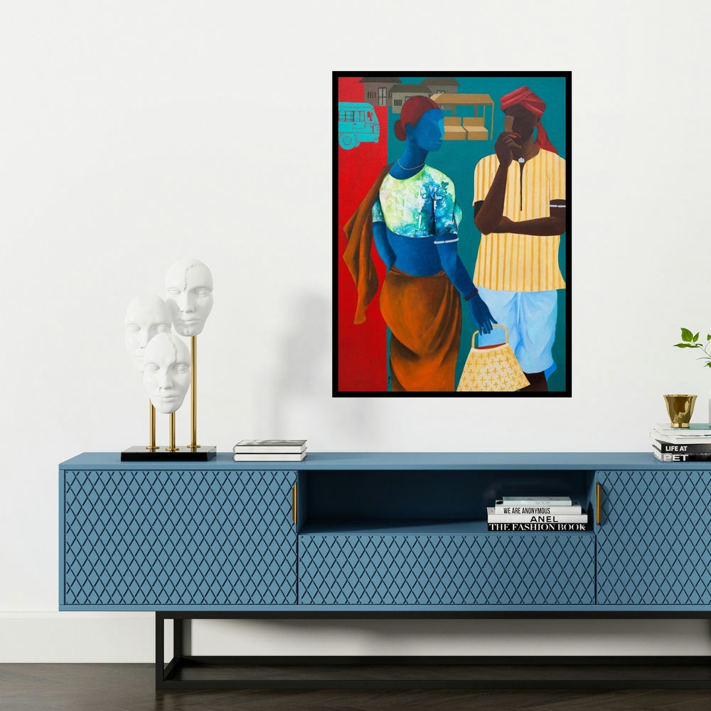 'In Discussion (Sweet Family)' painting by Abhiram Bairu shown on a wall in a furnished room.