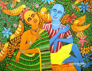 Discussion (Together) by V V Swamy, Original Acrylic Figurative Painting on Canvas, Small Horizontal Wall Art