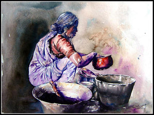 Dishwasher Women (Rhythms of Daily Life) by Srv Artist, Original Watercolor Pots/Vessels Painting on Handmade Paper, Small Horizontal Wall Art