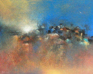 Distance View (Twilight Town) by M Singh, Original Acrylic Abstract Painting on Canvas, X-Large Horizontal Wall Art
