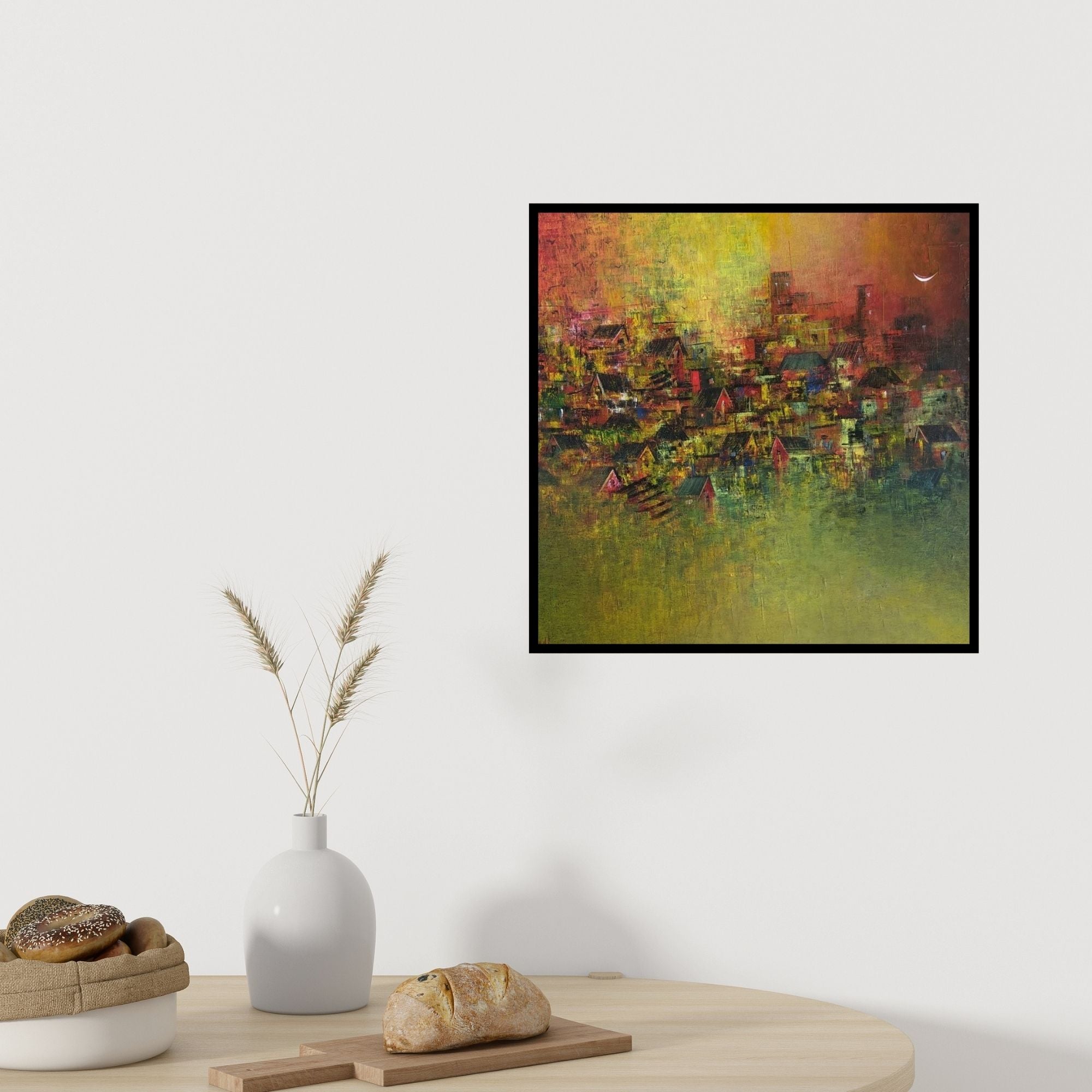 In-situ view of M Singh's 'Distance View Of My Village (Moonlit Cityscape)' painting in a room