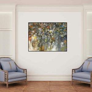 'Distant View (City in Motion)' painting by M Singh shown on a wall in a furnished room.
