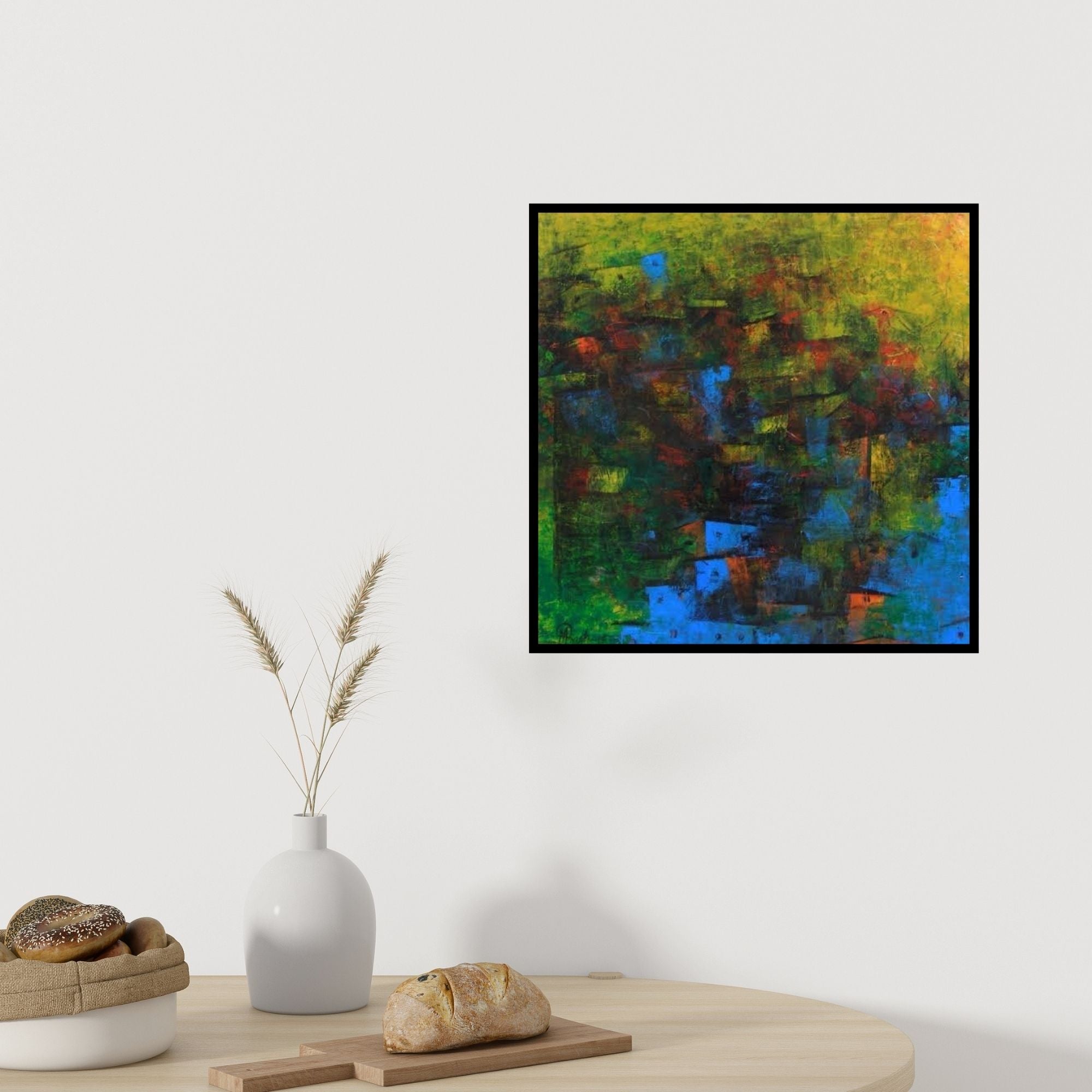 In-situ view of M Singh's 'Distant Village View Iii' painting in a room