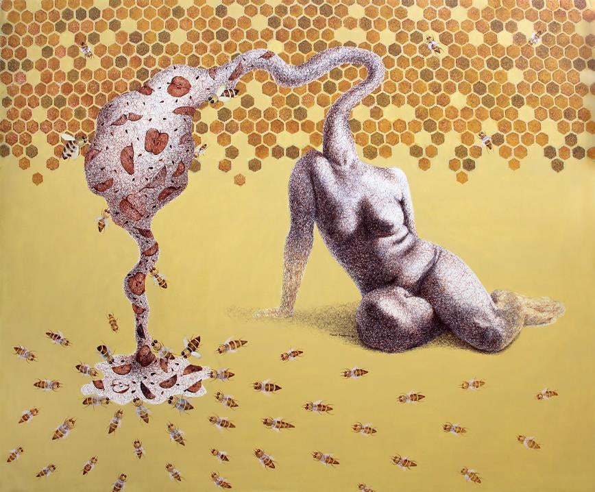 Distructive Construction' nude mixed-media painting by artist Mansi Sagar, 32x36 inch, on canvas