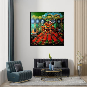 Preview of 'Diva (Tribal Goddess of Abundance)' Painting by Jitendra Dangi shown on a wall in a furnished room.