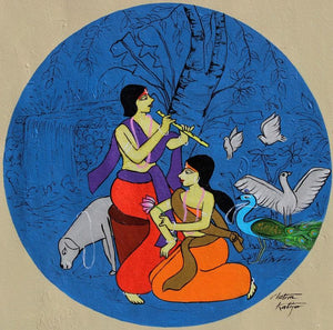 Divine (The Flute Player) by Chetan Katigar, Original Acrylic Figurative Painting on Canvas, Small Square Wall Art