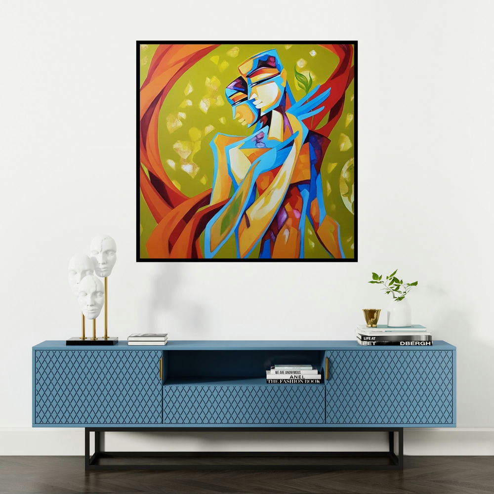 'Divine Bond (Intimate Embrace)' painting by Laxmi Mysore shown on a wall in a furnished room.