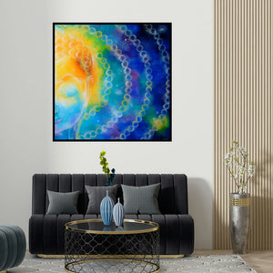 Drishti Vohra's 'Divine Compassion I' painting visualized above a sofa in a contemporary room.