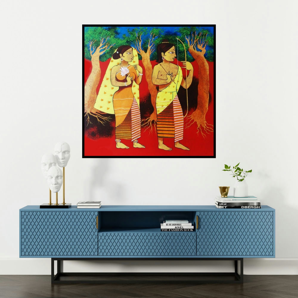 'Divine Couple (The Eternal Exile)' painting by Prakash Pore shown on a wall in a furnished room.
