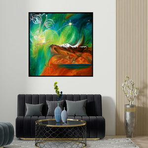 Drishti Vohra's 'Divine Creation Ii' painting visualized above a sofa in a contemporary room.