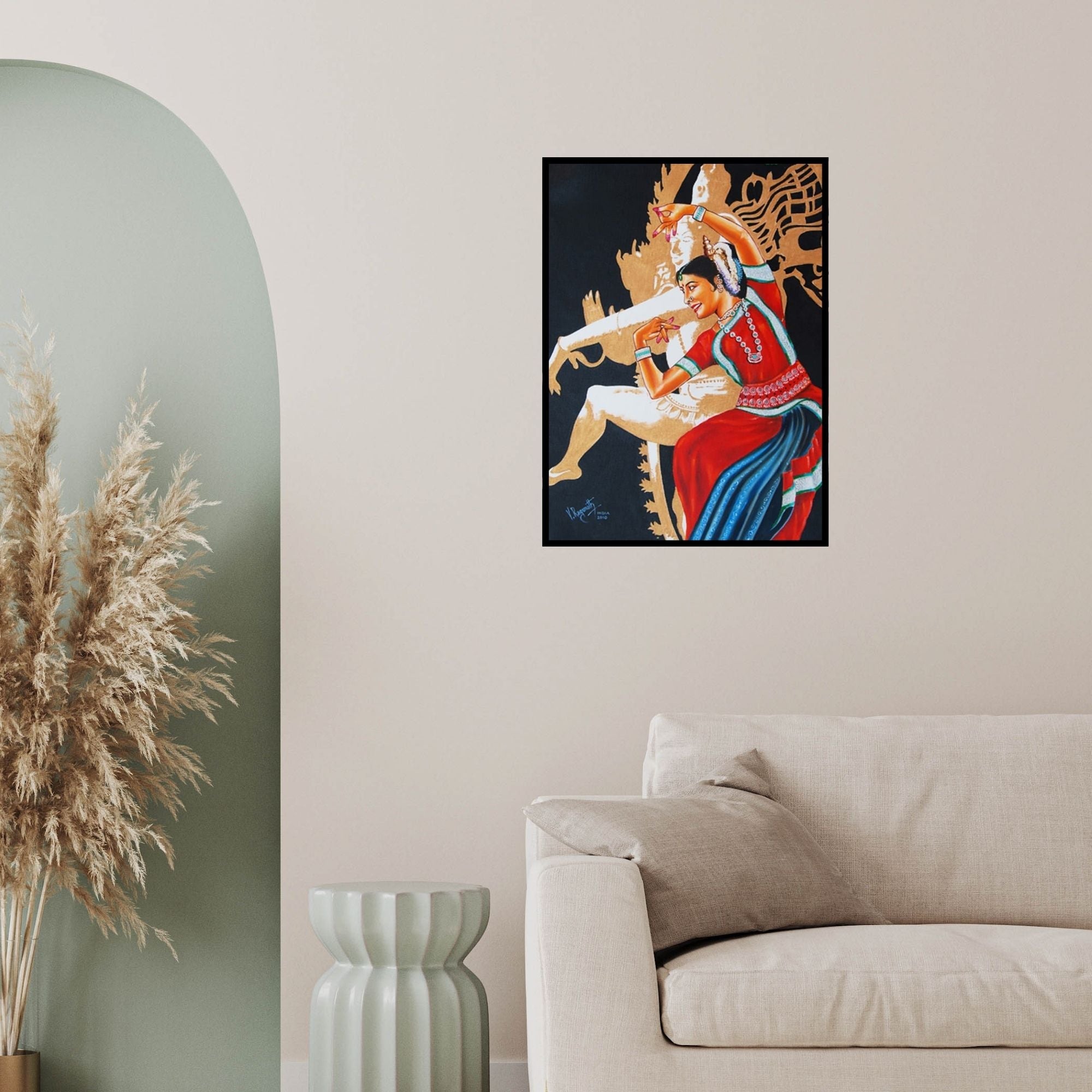 In-situ view of Ragunath's 'The Divine Dance Of Odissi (Echoes of Eternity)' painting in a room