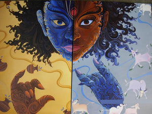 Divine Excuse (Untitled) by Bijay Biswaal, Original Acrylic Figurative Painting on Canvas, Medium Horizontal Wall Art