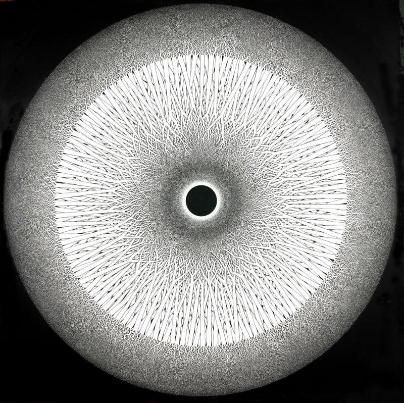 Figurative pen ink drawing titled 'Divine Eye 15 Ii', 36x36 inches, by artist Prakash Ghadge on Canvas