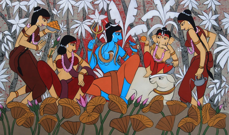 Divine Family' religious acrylic painting by artist Chetan Katigar, 27x46 inch, on canvas