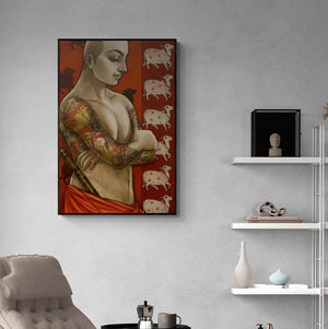 Preview of 'Divine Flute' Painting by Sukanta Das shown on a wall in a furnished room.