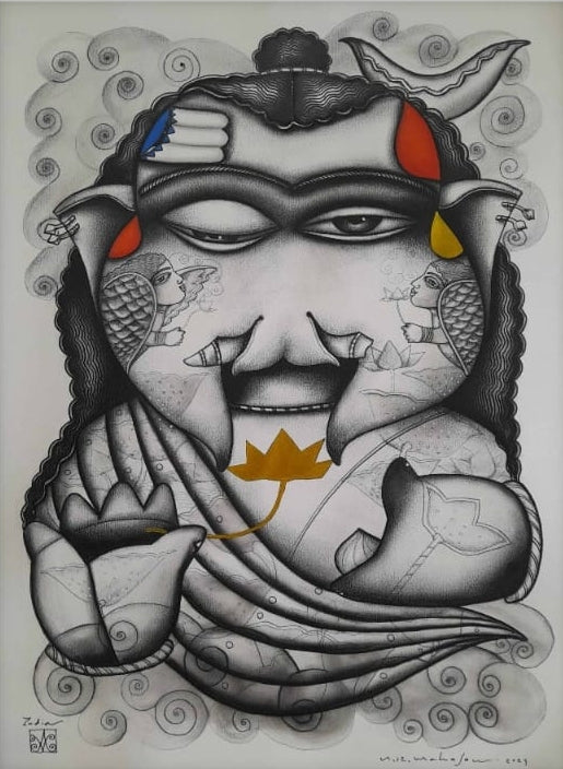 'Divine Ganesha' religious acrylic-charcoal painting by artist Arvind R Mahajan, 30x22 inch, on paper