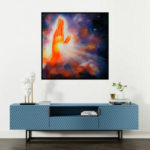 'Divine Grace' painting by Drishti Vohra shown on a wall in a furnished room.