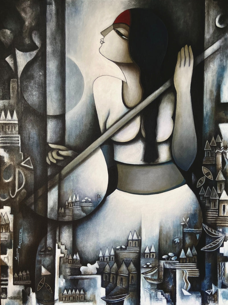 Divine Harmony' figurative acrylic painting by artist Mousumi Mukherjee, 32x24 inch, on canvas